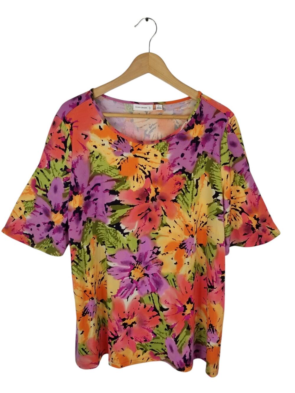 Susan Graver Women's Floral Split Short Sleeve Slinky Knit T-Shirt Size XL